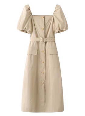 E013连衣裙夏款时尚淑女高腰方领收腰显瘦单排扣中长裙