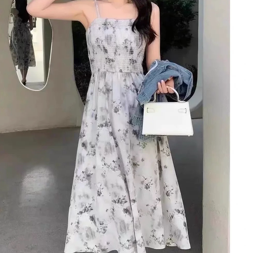 D403新中式国风吊带连衣裤裙女夏季裙子有内衬
