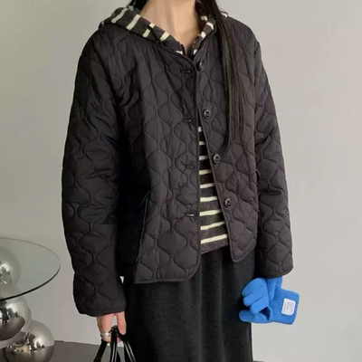 A862菱形格羽绒棉服女士轻薄冬季新款百搭纯色小众宽松外套