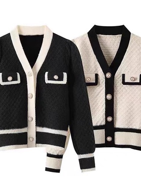 E652 小香风针织衫女新款秋季上衣V领显瘦设计感名媛气质开衫外套