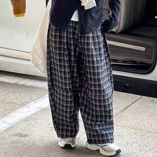 新款 全棉高腰休闲裤 女装 薄款 格纹慵懒感哈伦家居外穿 韩版 B323秋季