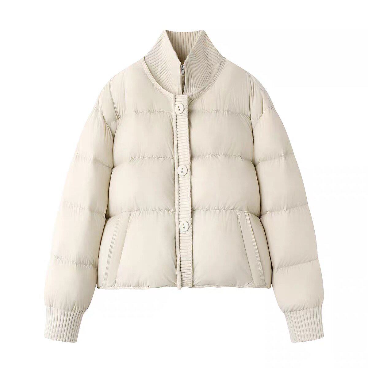 D123羽*绒服2冬季新款白色面包服立领针织拼接假2外套女