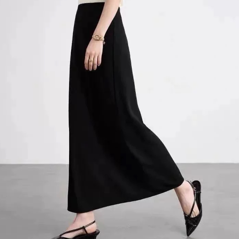 B143松紧腰纯色简约百搭夏季OL风气质风松紧腰中长款A字裙半身裙