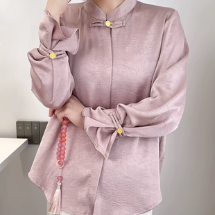 B914别致高级感新中式 女 轻国风醋酸缎面白色盘扣立领衬衫