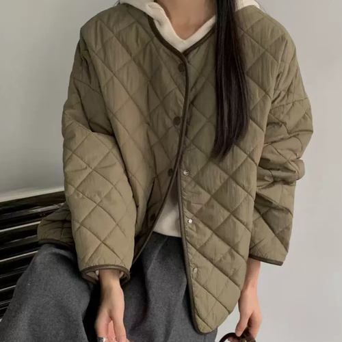 A964韩版菱格纹针织袖口拼接设计感夹棉外套女秋冬百搭棉服