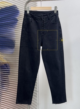 A933高腰四粒扣加绒牛仔裤女冬季秋冬新款加厚弹力修身抓绒烟管裤