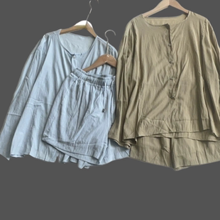 夏季 短裤 女装 衬衫 两件套上衣 舒适亲肤轻按扣圆领宽松长袖 C743