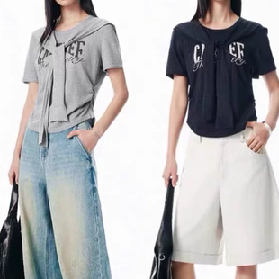 女装 C143淑女时尚 修身 上衣2件套女时尚 字母刺绣可拆卸披肩领短袖