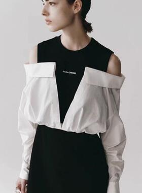 B642 艾新款时尚假两件露肩中长款拼接长袖连衣裙女