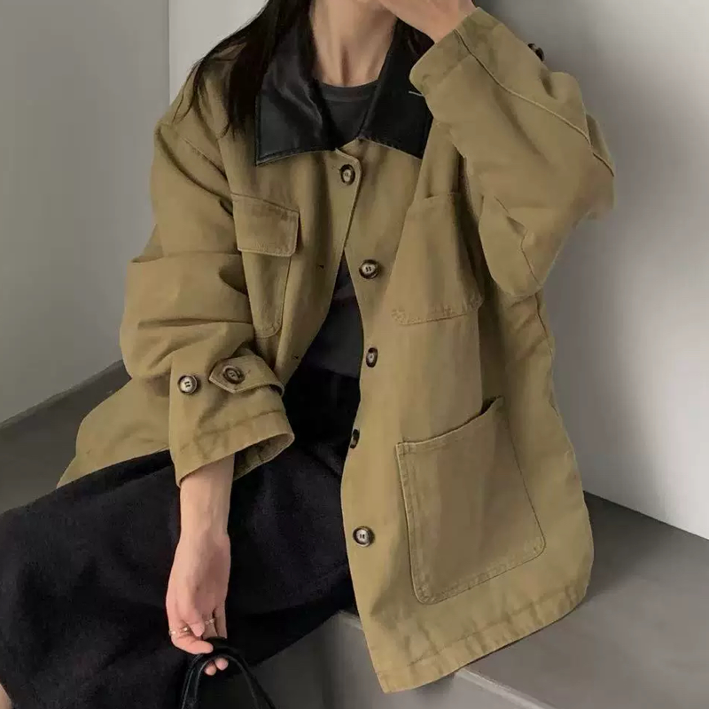 A303时尚pu皮翻领撞色休闲中款棉衣女冬季新款保暖棉衣女