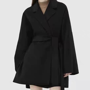 D832高端新品西装领侧开叉无扣腰带收腰气质高级气质双面呢大衣女