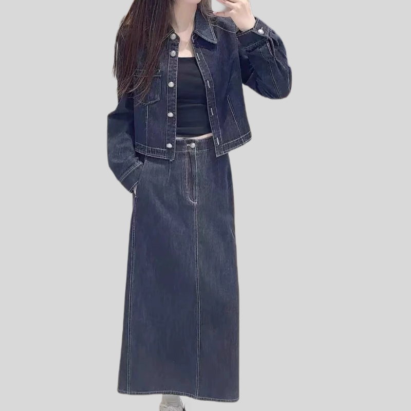 B424气质翻领明线设计牛仔外套+a字长款半身裙两件套装