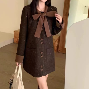 E832欧洲站蝴蝶结中长款毛呢羽绒服冬新款韩版减龄气质大衣1.1