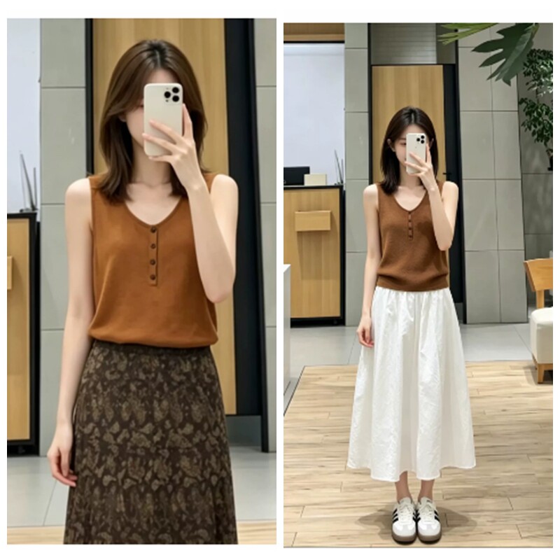 A934麦夏季新品焦糖色针织背心薄款女 7132251