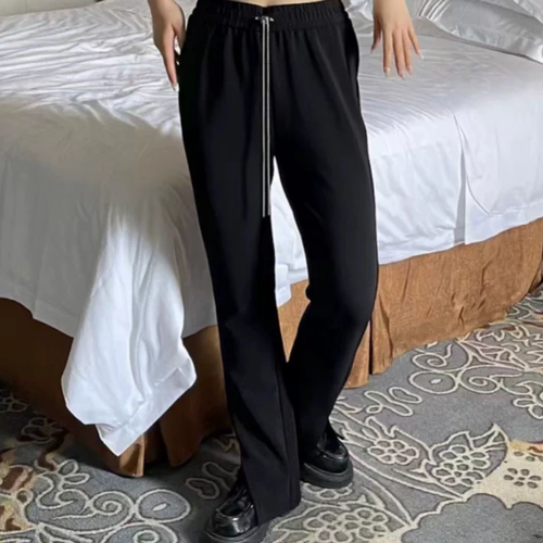 C132秋季松紧抽绳阔腿裤女显瘦垂感女裤子新款显瘦弹力黑裤子