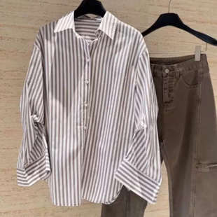 A604 春夏新品 女装 宽袖舒适衬衫 大版长袖竖条纹衬衣
