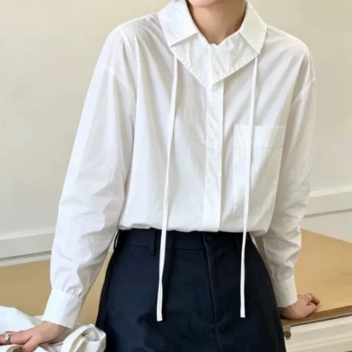 B612小众设计感圆领白衬衫女娃娃领百搭休闲系带长袖打底衬衣6076