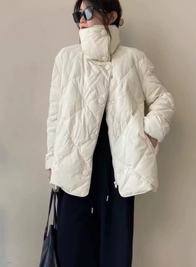 E913女装高货冬季新款菱形格翻领保暖短外套休闲上衣羽绒大衣