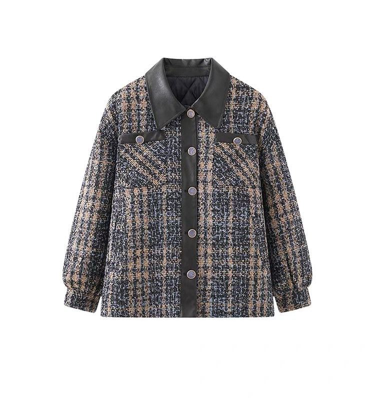 E032 翻领ou皮拼接双口袋复古撞色格纹小香风棉服外套女冬季款
