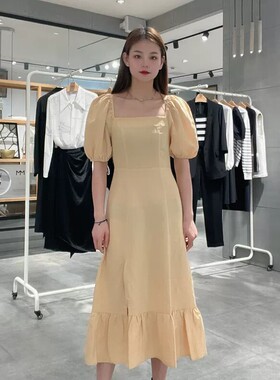 C514连衣裙女装夏季新款橘色泡泡袖方领中长裙子短袖显瘦气质