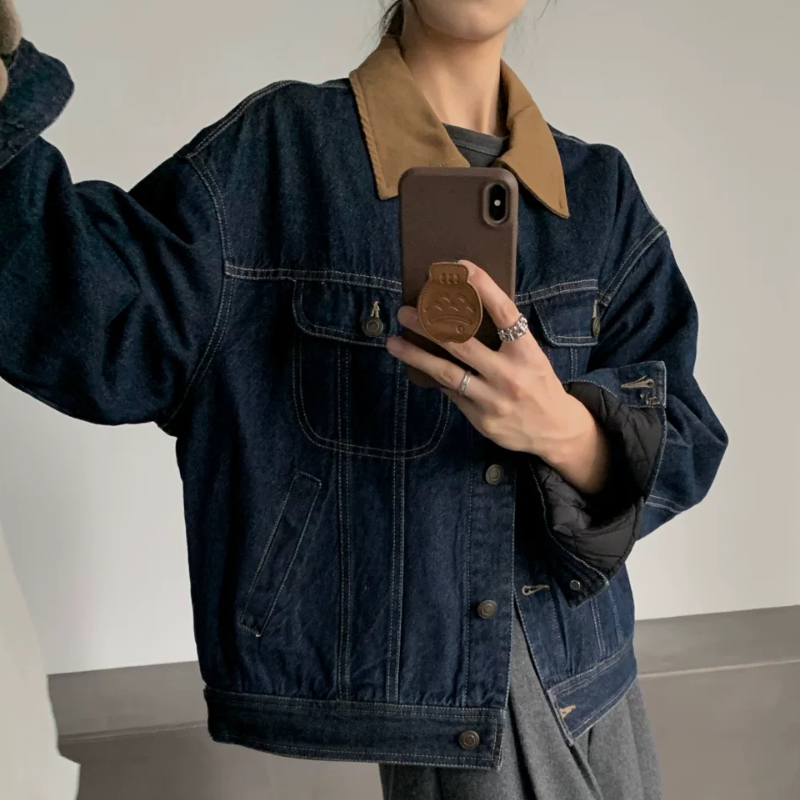 D213新品巴恩风系列翻领加厚保暖牛仔服外套女复古深蓝棉衣