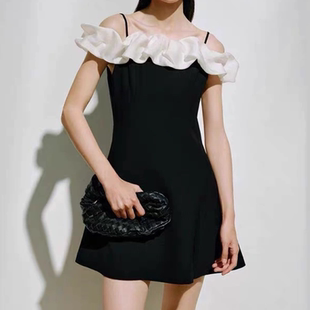 荷叶边吊带连衣裙女有内衬 时尚 C713高级感小黑裙艾系春夏季 新款
