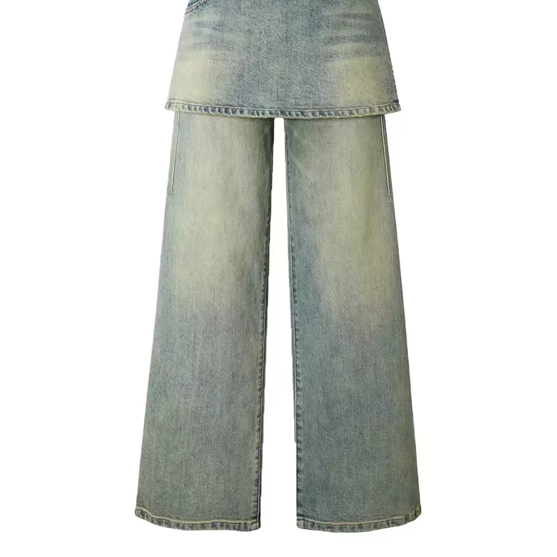 D303美式复古水洗做旧一衣多穿宽松松紧腰直筒屁帘2件套牛仔裤