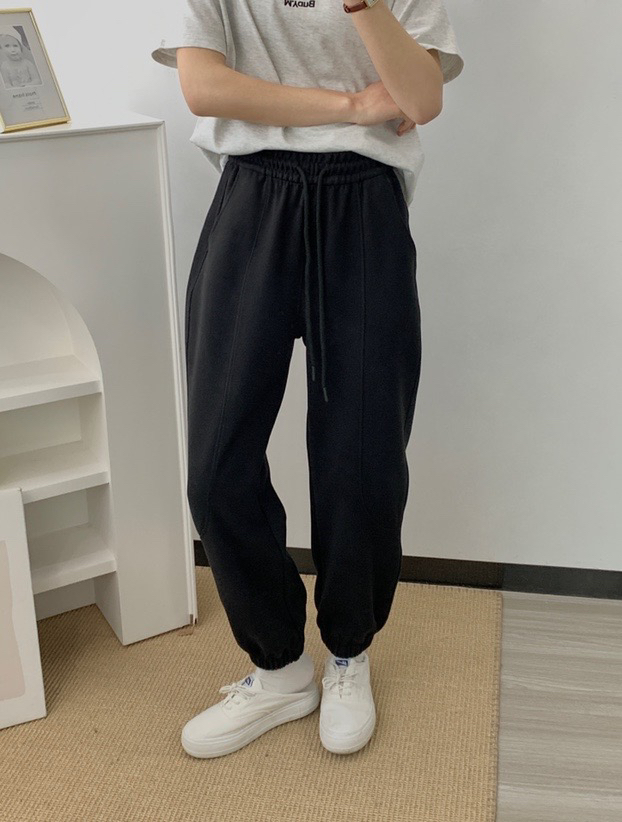 D563运动风休闲松紧抽绳打杆束脚裤女秋新款直筒卫裤