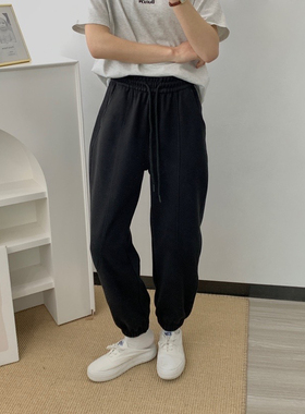 D563运动风休闲松紧抽绳打杆束脚裤女秋新款直筒卫裤