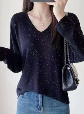 A553亮片宽松显瘦V领蝙蝠型长袖新款气质时髦女针织衫单穿打底