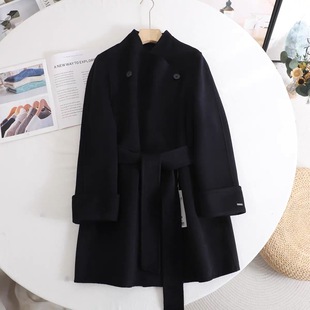 D733墨青色双面羊绒大衣女短款冬季新款立领收腰毛呢外套