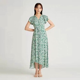 绿色V领中长款 时尚 显瘦碎花连衣裙 新品 B303夏季