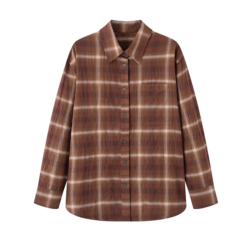 A512衬衫女装春秋新款休闲韩版宽松显瘦长袖格纹衬衣上衣短外套