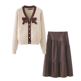 女秋季 褶皱涂层半身裙套装 蝴蝶结撞色边条针织开衫 E434