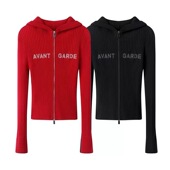 新款 针织修身 时尚 A352秋季 红色修身 字母刺绣双头拉链连帽短款 开衫