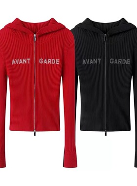 A352秋季新款时尚红色修身字母刺绣双头拉链连帽短款针织修身开衫