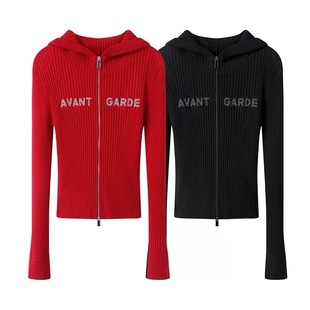 A352秋季新款时尚红色修身字母刺绣双头拉链连帽短款针织修身开衫