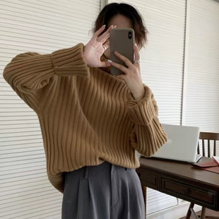 针织衫 A513半高领内搭打底毛衣女秋冬新款 坑条设计感宽松加厚短款