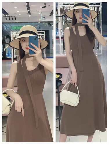 A644女装春秋季新款纸片人连衣裙针织裙弹力修身显瘦飘带
