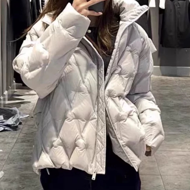 A214檬系冬季新款时尚保暖御寒立领菱形格轻薄鹅绒羽绒服外套女