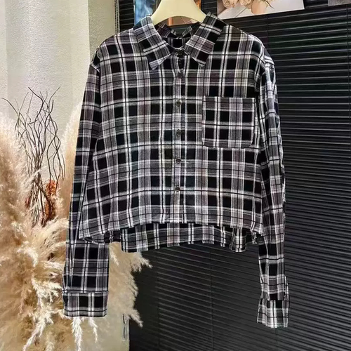 B604复古格纹短款衬衫女秋季设计感翻领抽绳上衣
