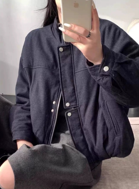 D614日系通勤风立领拉链棉服女宽松百搭休闲外套深灰色棉衣外套