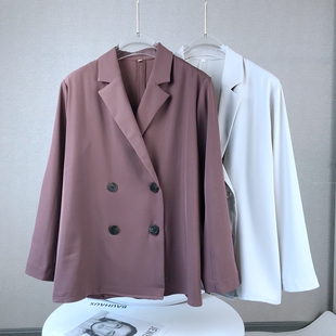 新品 纯色双排扣开襟宽松百搭四粒扣有垂感外套C032 女气质简约时尚