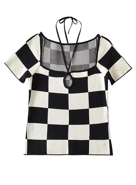 C124 z家棋盘格冰丝针织衫夏季新款青春惊艳修身套头系带短袖上衣