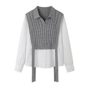 通勤高级设计感拼接上衣 女法式 B132 假两件针织衫