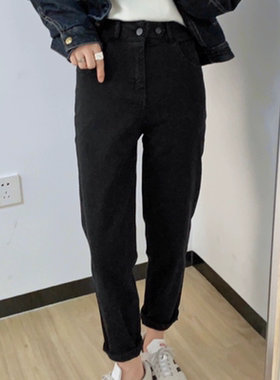 A241黑色小个子修身牛仔加绒烟管裤 弹力牛仔一体绒百搭牛仔裤女