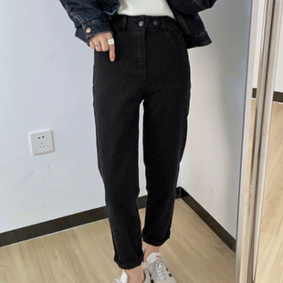 女 弹力牛仔一体绒百搭牛仔裤 A241黑色小个子修身 牛仔加绒烟管裤