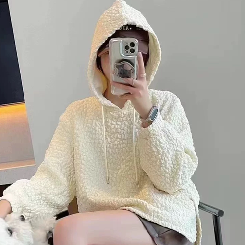 C111纯色连帽卫衣女新款欧货高级感气质肌理纹侧边开叉