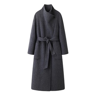 A463艾系冬高级感气质通勤收腰显瘦烟灰色长款双面呢大衣女