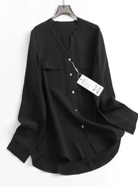A343麦黑色赫本风极简风知性气质通勤秋季新款百搭V领衬衫